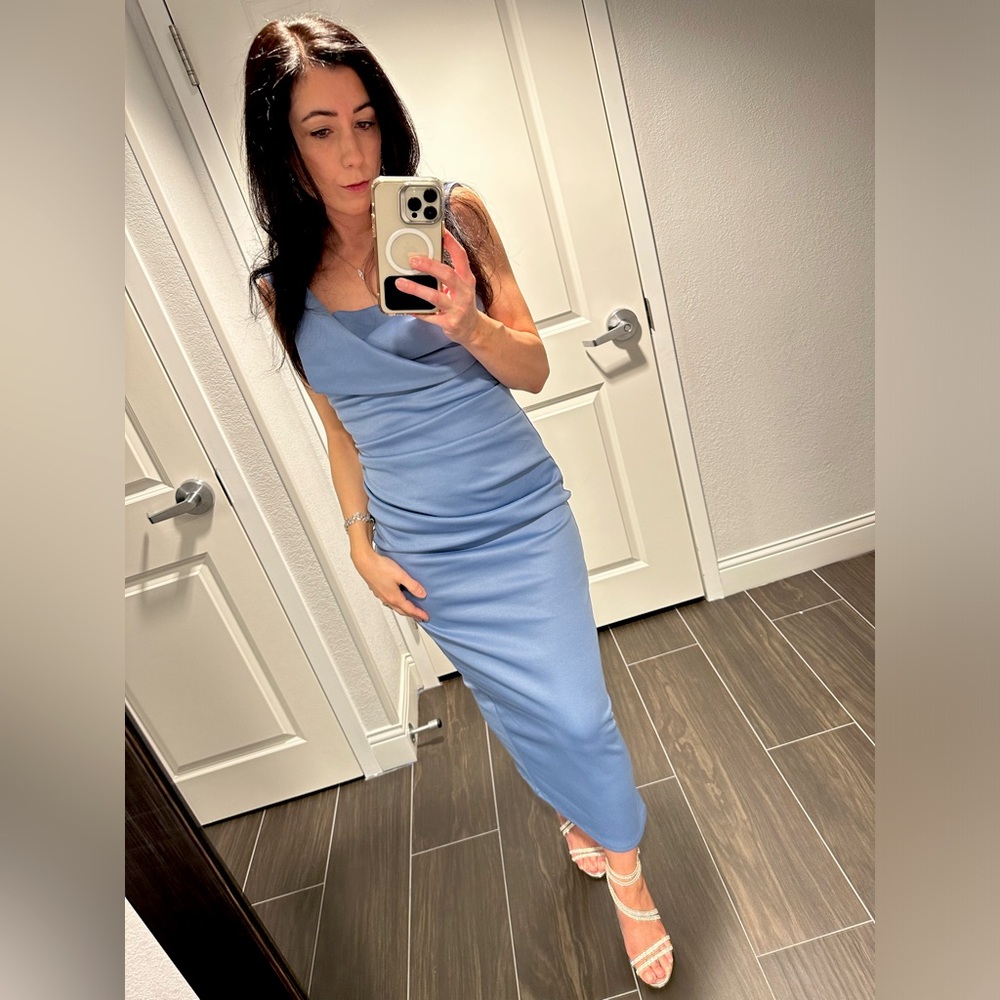 ASOS Design square neck pleat bust midi pencil dress in Blue
